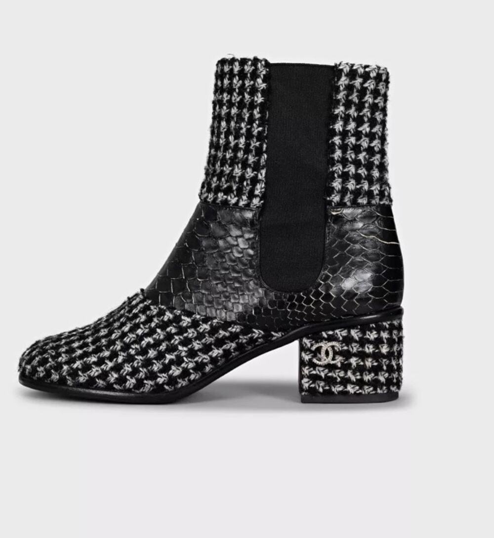 Chanel Tweed & Python Trim Ankle Boots, Size 38.5